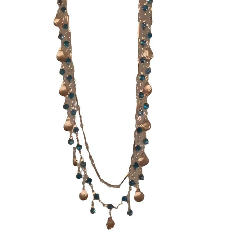 Wholesale French Vintage Double Layer Pearl Necklace Blue Shell Pendant Clavicle Chain Chic Layering Fashion Accessory For Women