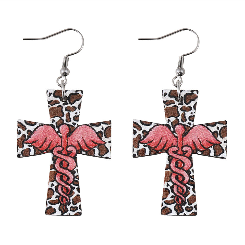 Wholesale Nurses'  Day Cross,  Leopard Print,  and Angel Pendant Earrings — Double-Sided Wooden Earrings