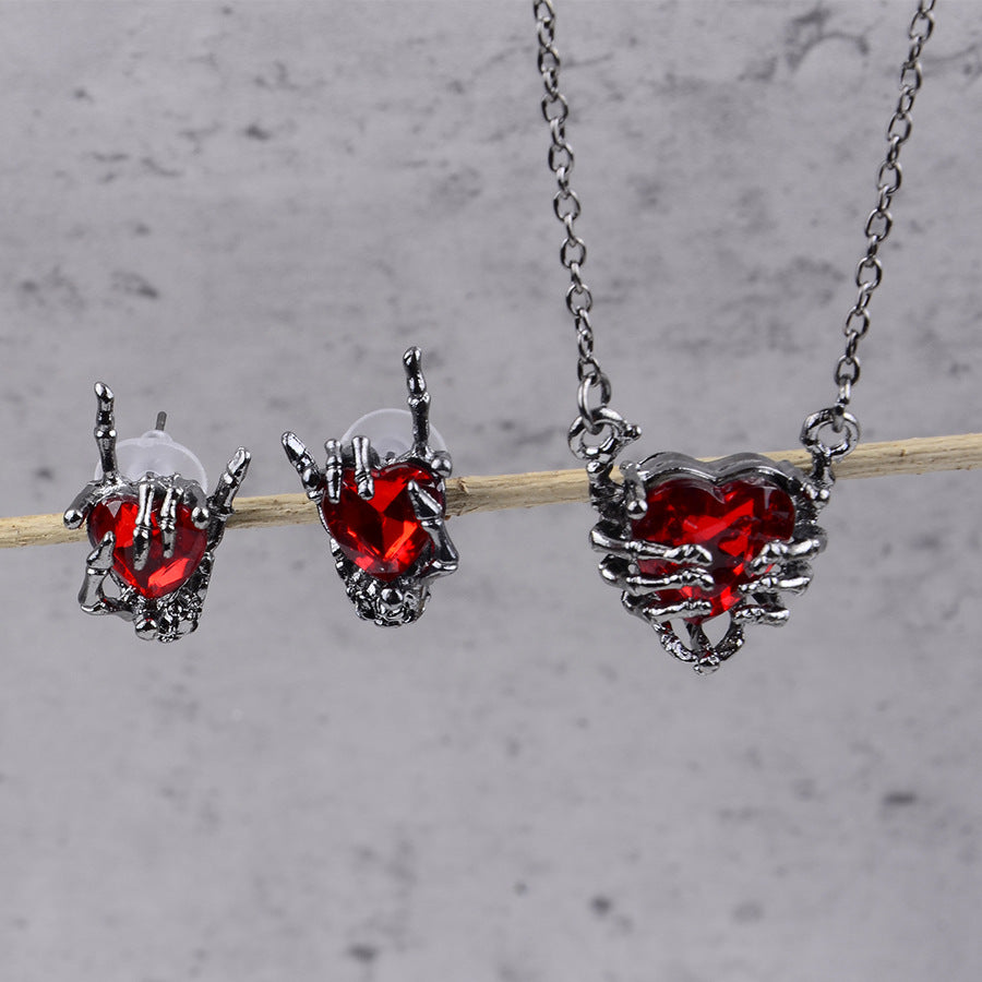 Wholesale Dark Punk Rhinestone Heart Necklace And Earring Set Trendy Jewelry Accessory For Party Wear Boutique Resale