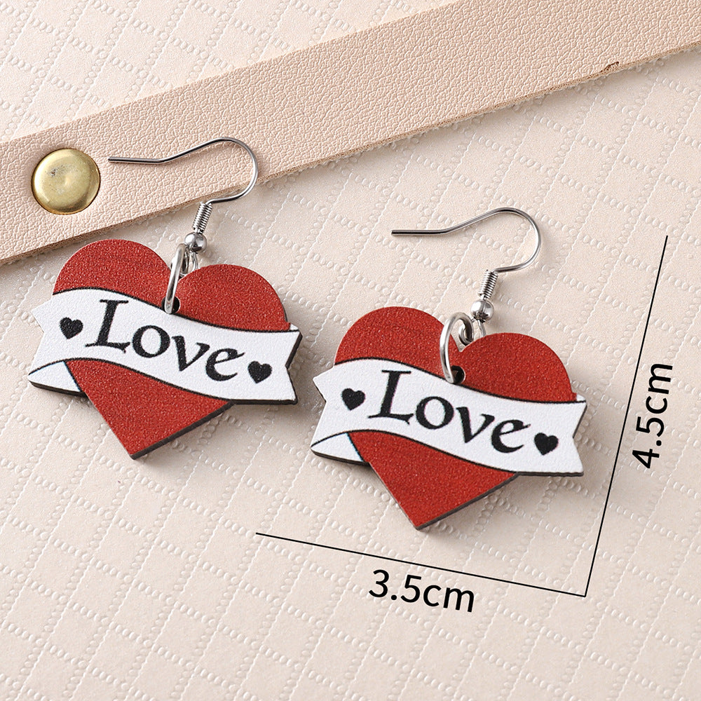 Wholesale  Valentine's Day Diamond Shape Love Pendant  Wooden Double-sided Earrings