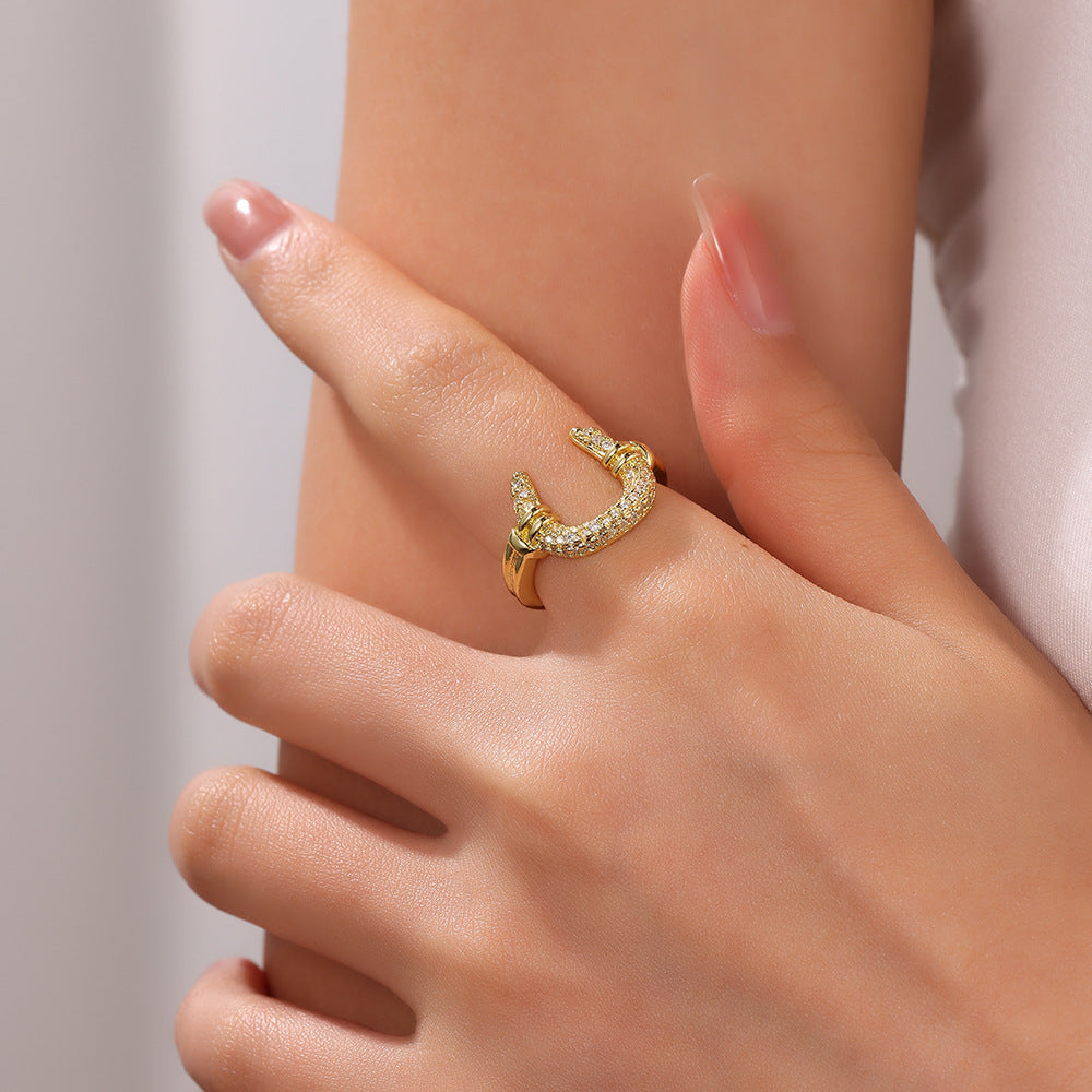 Wholesale Geometric moon-shaped copper-plated 18k zircon versatile horseshoe ring