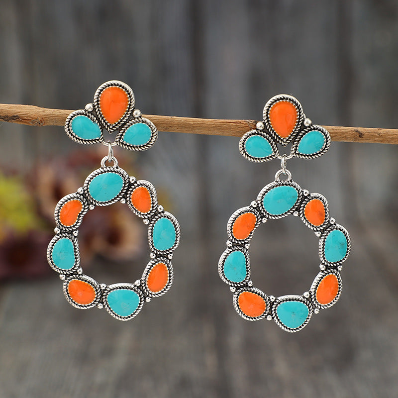 Wholesale Bohemian Style Inlaid Turquoise Geometric Alloy Retro Earrings