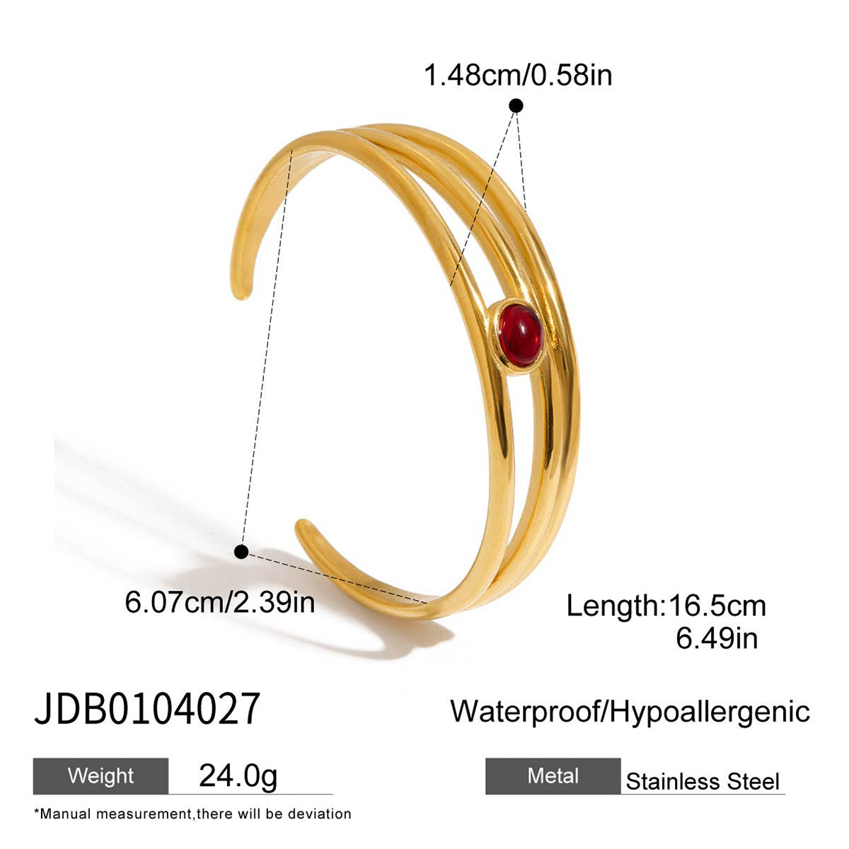 Wholesale 18K gold stainless steel red natural stone three-layer hollow open bracelet jewelry