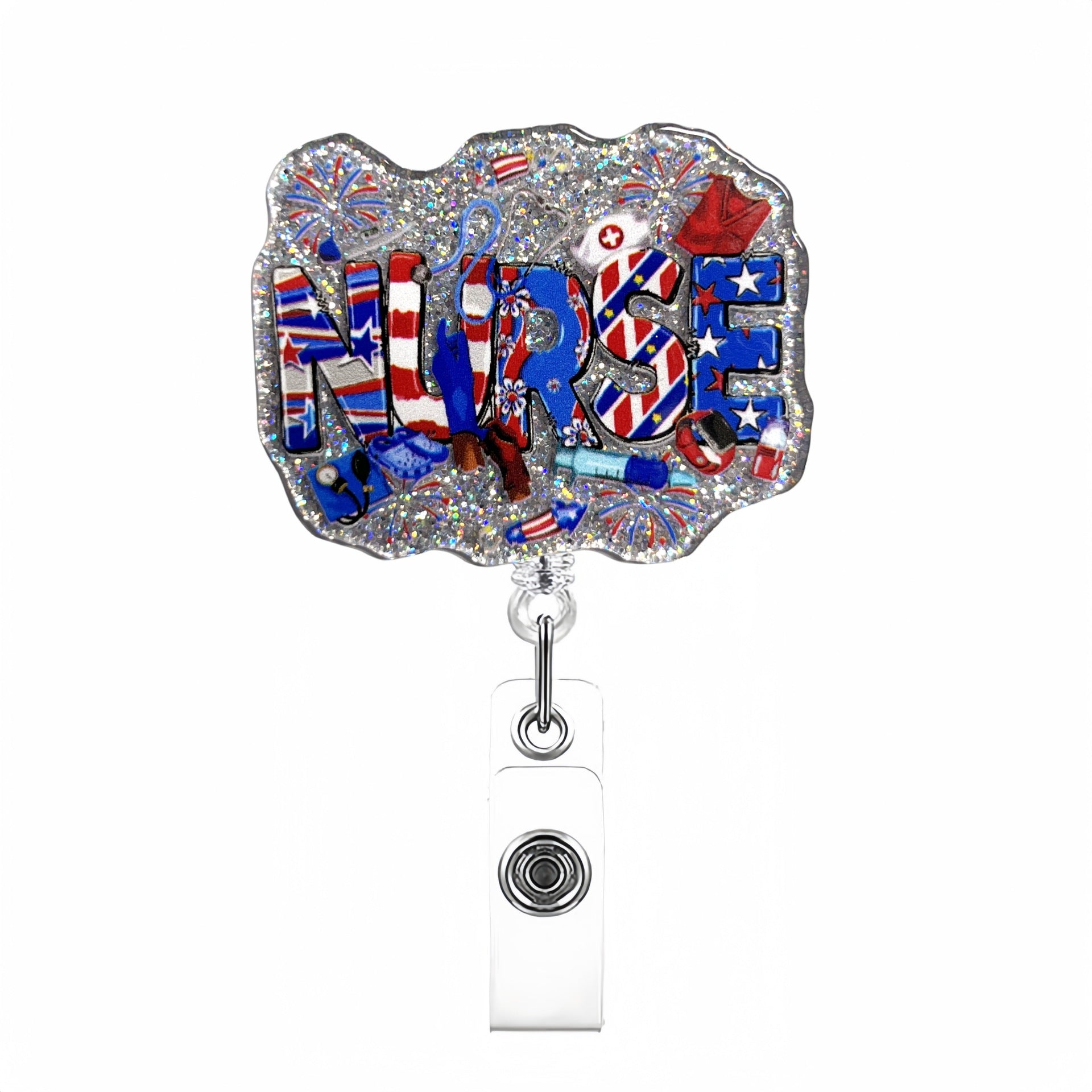 Wholesale Acrylic Glitter Independence Day Badge Reels Keychains