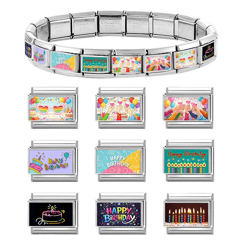 Wholesale Italian Style Birthday Theme Patchwork Stainless Steel Bracelet Fashion Accessory Gift