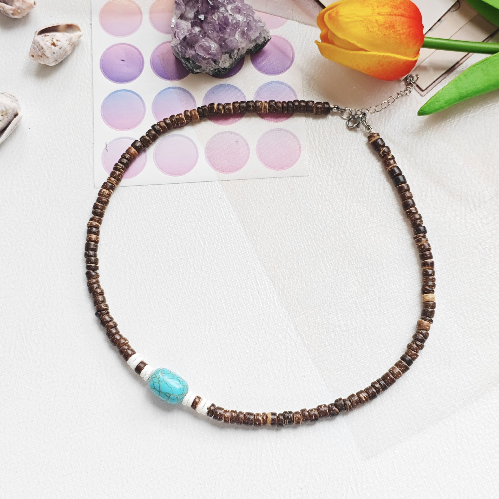Wholesale Boho Style nut Shell Turquoise Necklace Stainless Steel Jewelry Accessory for Men Women
