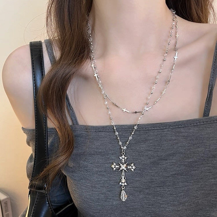 Wholesale Beaded Cross Necklace Long Layered Chain Y2K Women' s Fashion Jewelry Accessory Gift