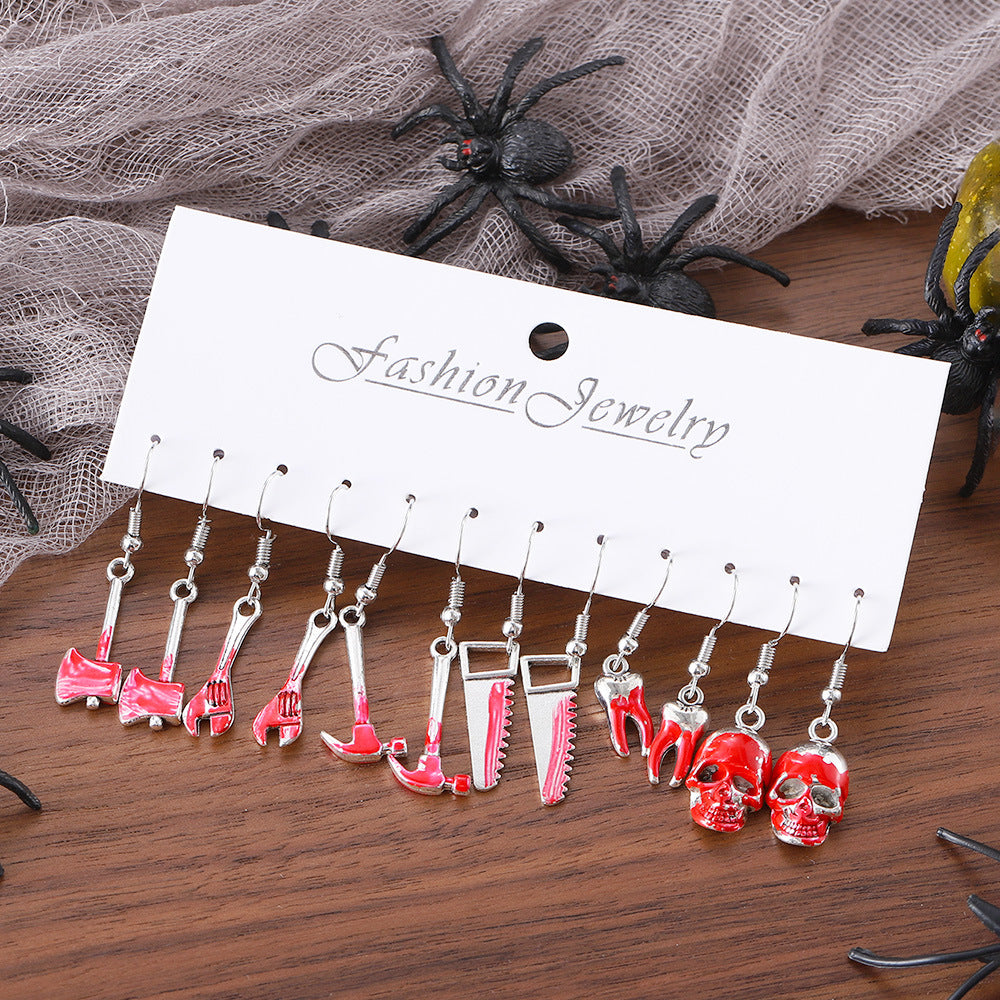 Wholesale Gothic Tool Skull Earring Set For Women 6 Piece Zinc Alloy Electroplated Wrench Axe Saw Hammer Earrings Trendy Party Jewelry Accessory