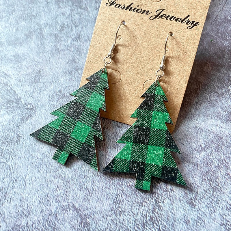 Wholesale Christmas earrings snowflake buffalo plaid Christmas tree wood earrings