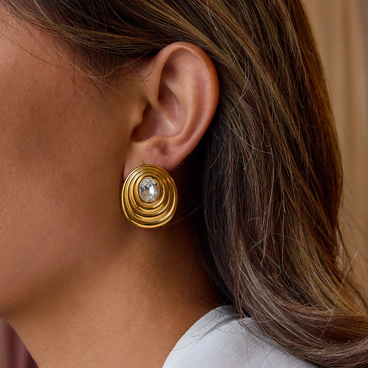 Wholesale  18K Gold Stainless Steel Round White Zircon Ribbed Round Earrings