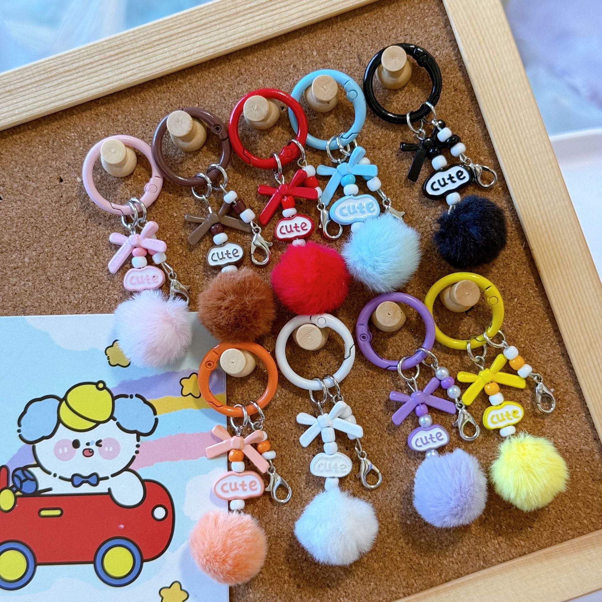 Wholesale Stylish DIY Cute Keychain Craft Kit Metal Lobster Clasps Beads Pom Poms Bows For Bag Charm Car Key Accessory Boutique Resale