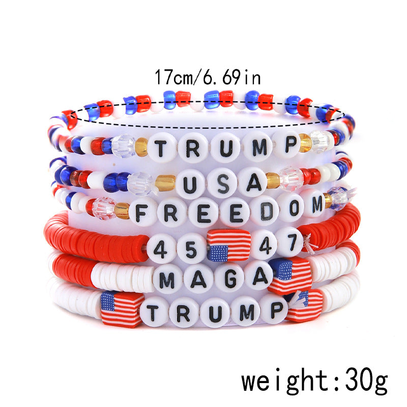 Wholesale Bohemian Style Colorful Soft Pottery Elastic Letter Independence Day Flag Multi-layer Bracelet