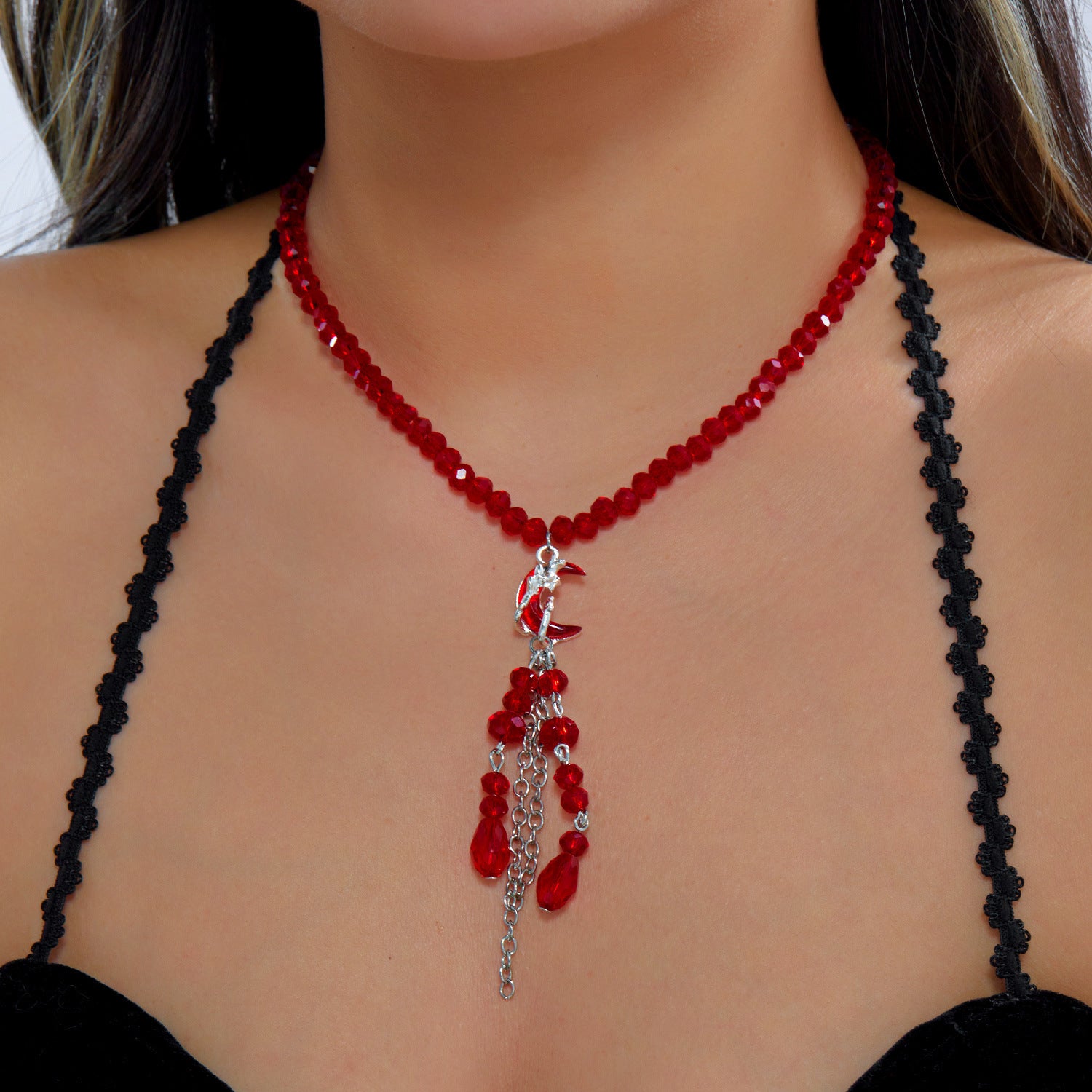 Wholesale Dark  Blood Red Crystal Earring and Necklace Set Party Wear Jewelry Accessory Gift for Resale