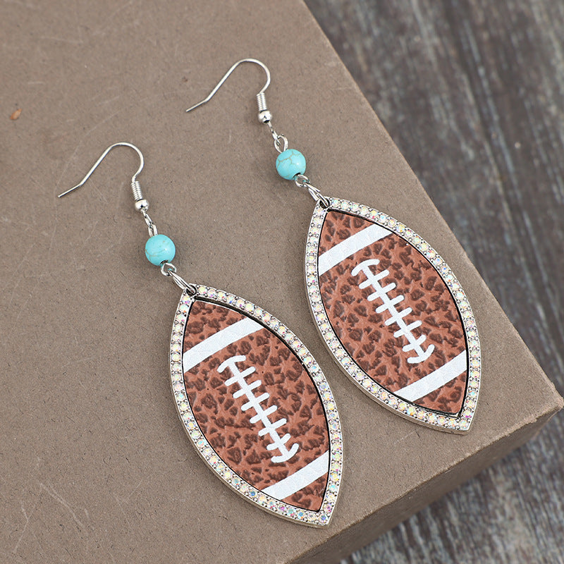 Wholesale  Retro Football Super Bowl Inlaid with Colored Diamonds Leather  Alloy Earrings