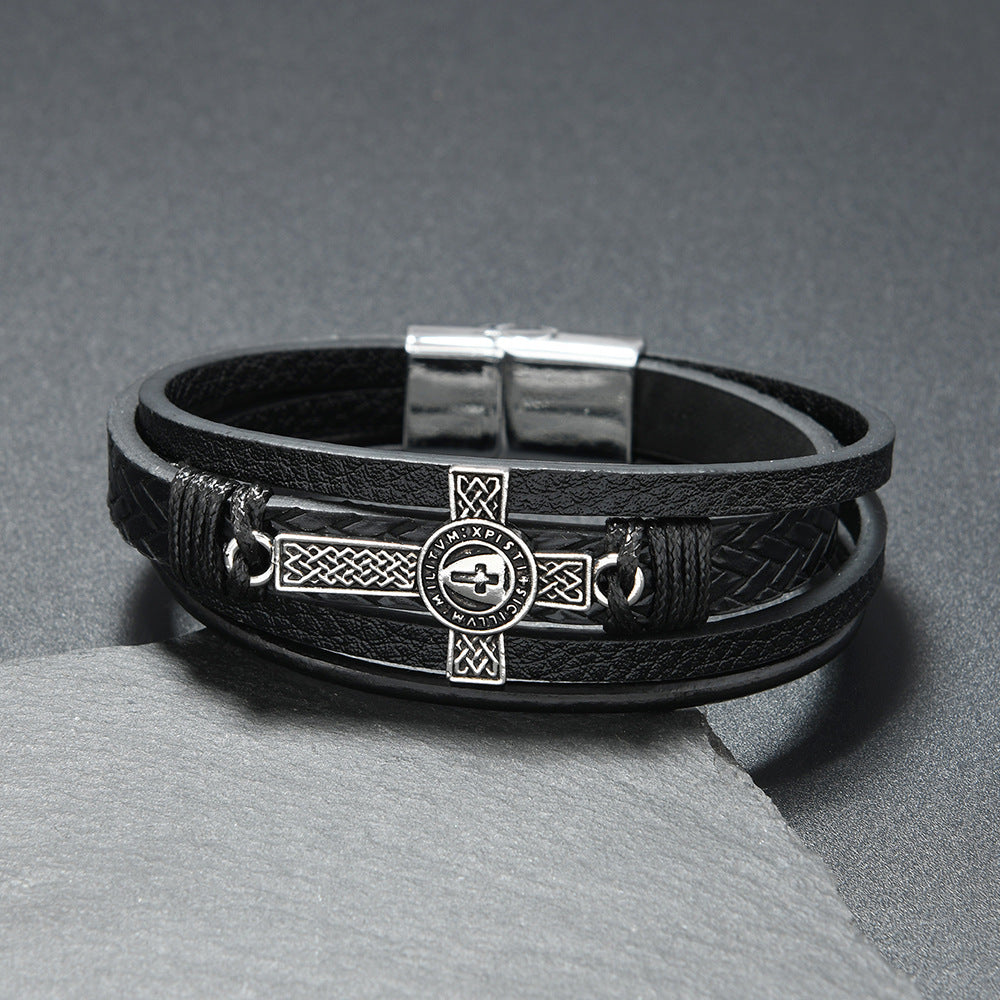 Wholesale Black Leather Men S Multi Layer Braided Cross Bracelet Casual Everyday Jewelry Accessory Gift
