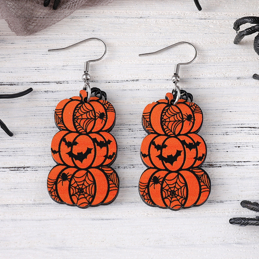 Wholesale Halloween Bat Ghost Face Pumpkin Gothic Style Wood Pendant Earrings ACC-ES-ChuLian055