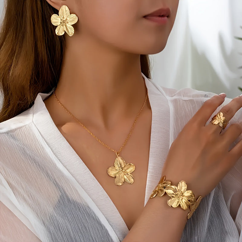 Wholesale Gold Camellia Flower Jewelry Set Necklace Earrings Bracelet Party Wear Boutique Resale