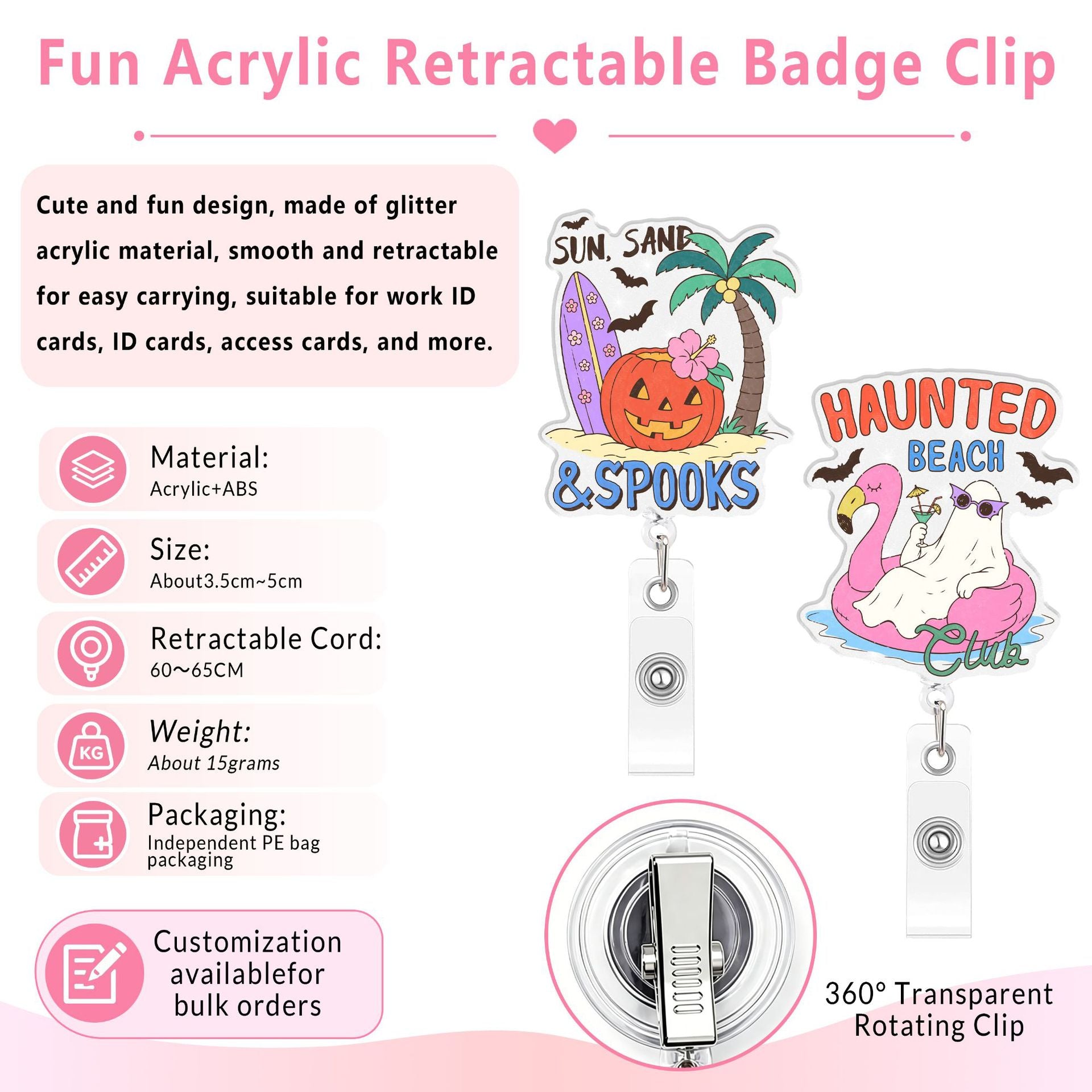 Wholesale Acrylic  BOO Cartoon Retractable Badge Reel Decorative Pendant For Party And Everyday Use