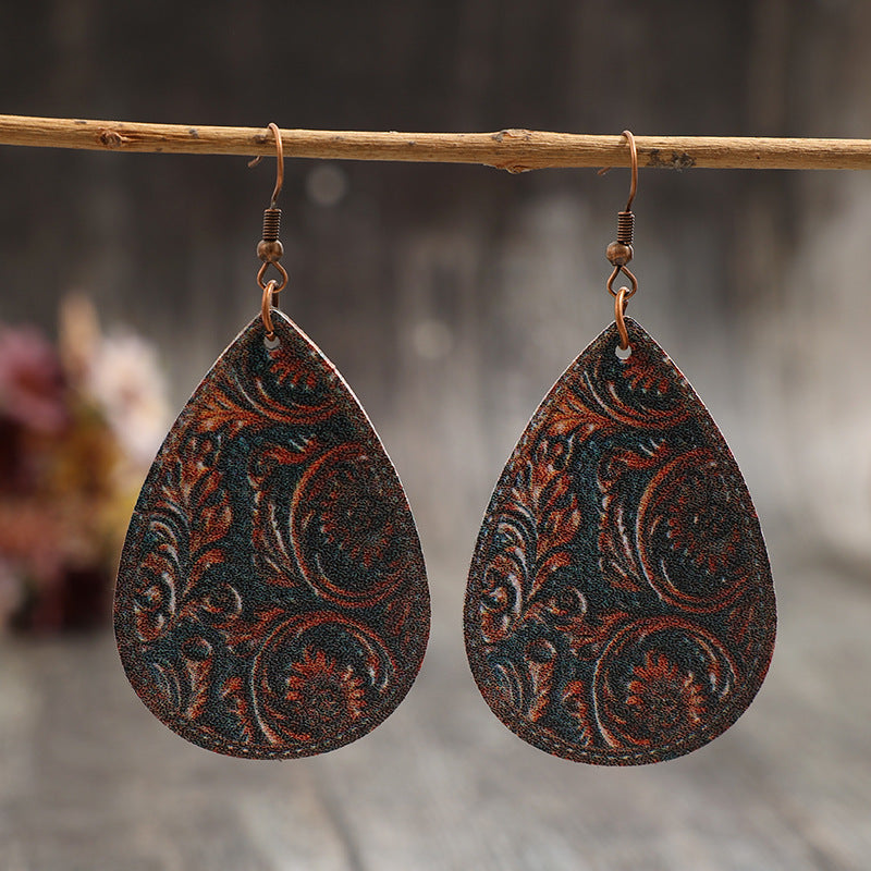 Wholesale Ethnic style water drop pattern PU leather earrings