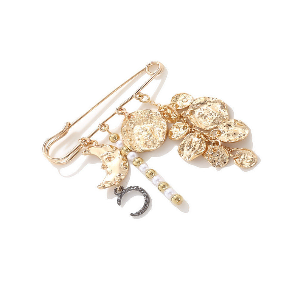 Wholesale Alloy Geometric Disc and Tassel Spliced Moon Pendant Brooch