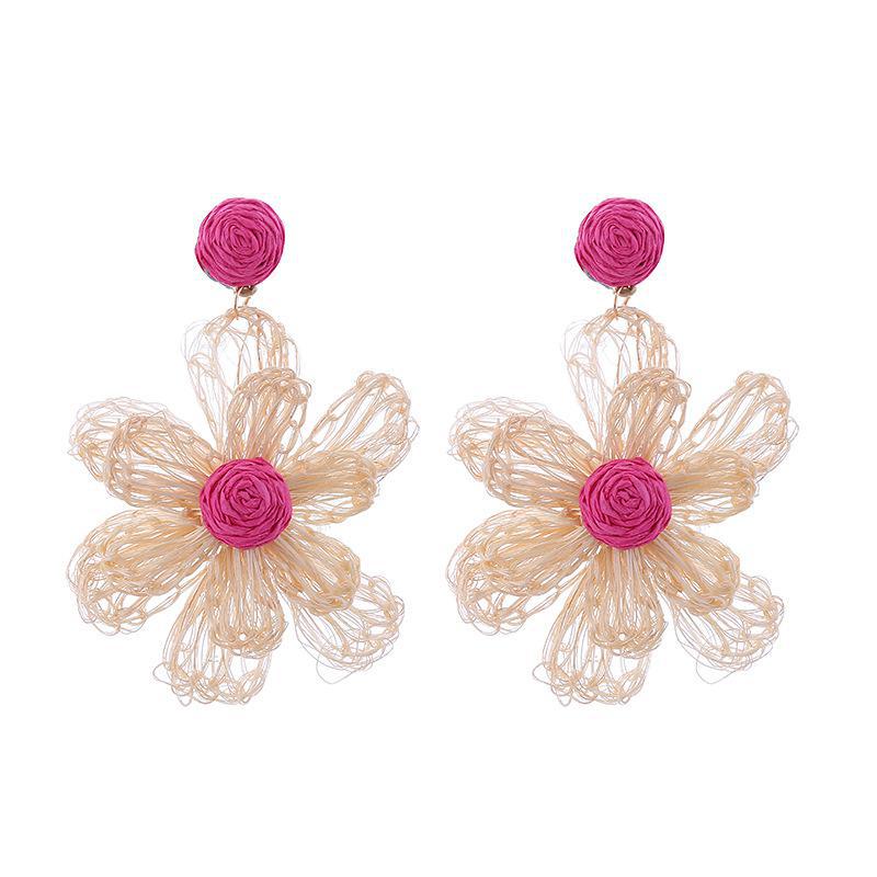 Wholesale Handmade Woven Rafi Grass Exaggerated Big Flower Earrings