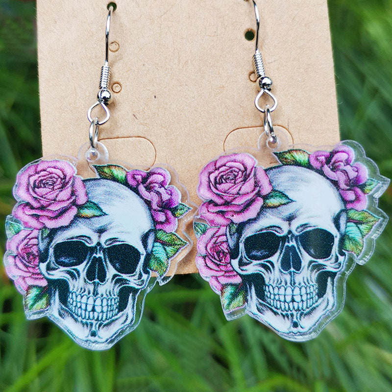 Wholesale 2 pairs/pack Acrylic Day of the Dead skull butterfly flower mushroom snake rose flame earrings