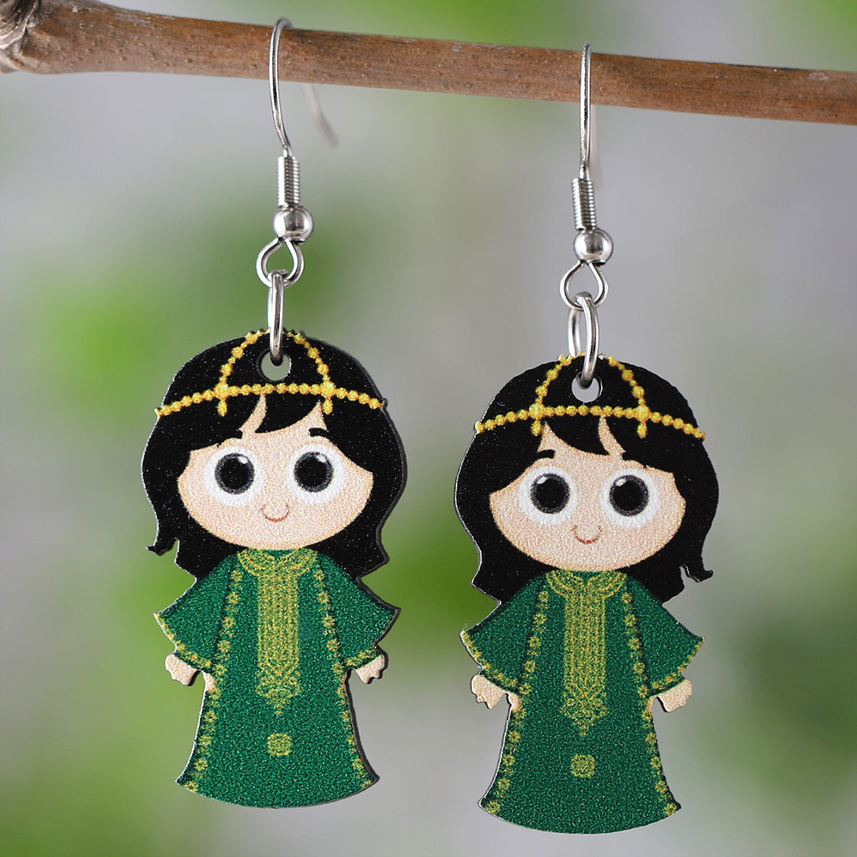 Wholesale Retro Girls Lantern Blue Oil Lamp Wooden Double Sided Earrings ACC-ES-ChuLian006