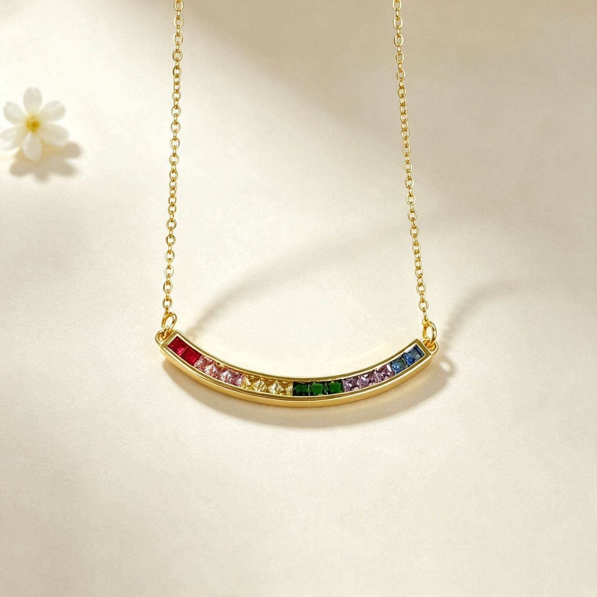 Wholesale Rainbow Zircon Geometric Curve Pendant Necklace Gold Plated Brass Fashion Accessory Gift For Women Boutique Resale