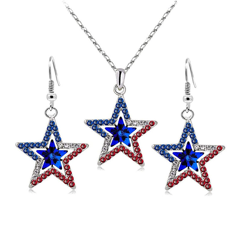 Wholesale American Independence Day Five Pointed Zircon Alloy Earrings Necklace ACC-NE-FuSu002