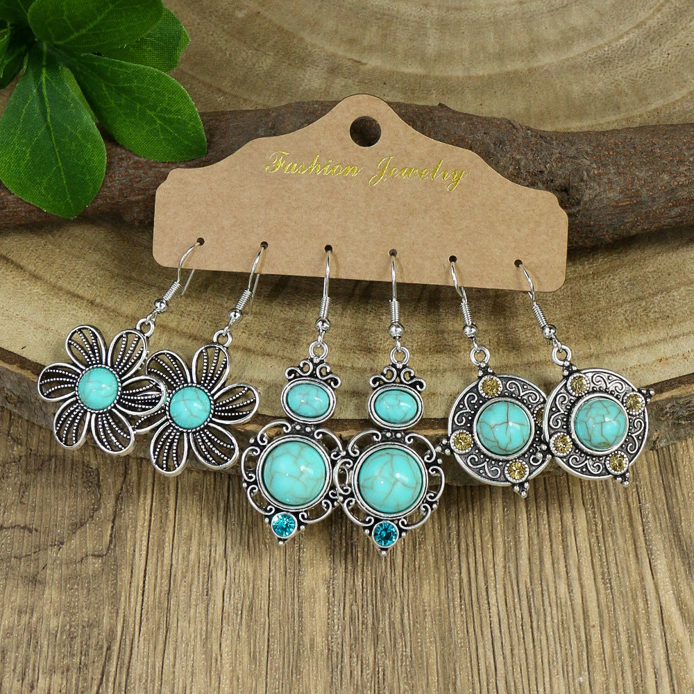 Wholesale Bohemian turquoise water drop flowers geometric earrings set