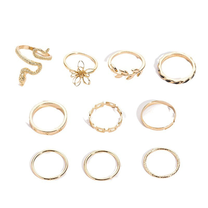 Wholesale  alloy flower ring personality exaggerated snake-shaped stacked ring suit