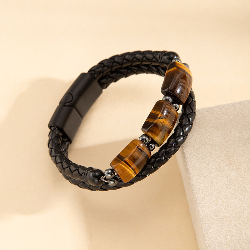 Wholesale Men S Multi Layer Leather Rope Bracelet With Tiger Eye Stone Beads And Magnetic Clasp Trendy Everyday Wear