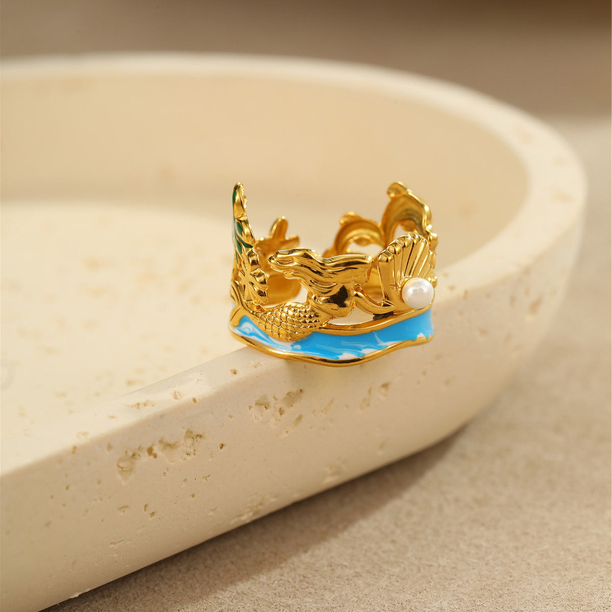 Wholesale Ocean Style Mermaid Pearl Ring Stainless Steel Gold-Plated Open Ring