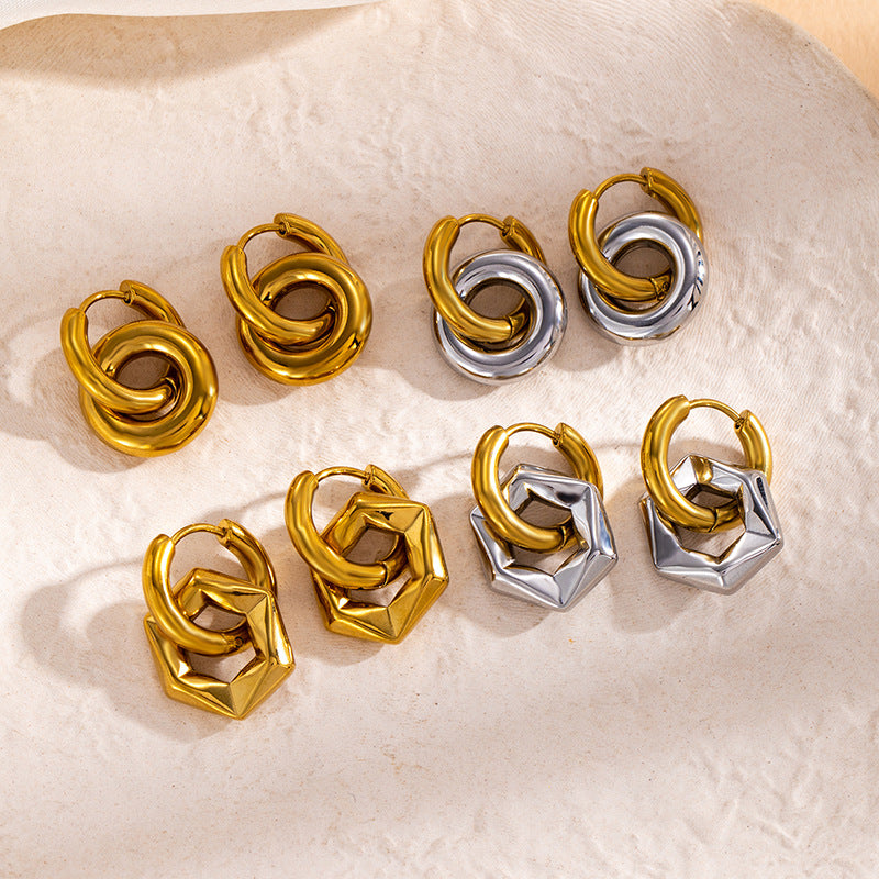 Wholesale Titanium Steel Geometric Hexagon Circle Earrings Detachable Minimalist Fashion Jewelry Gift Boutique Resale