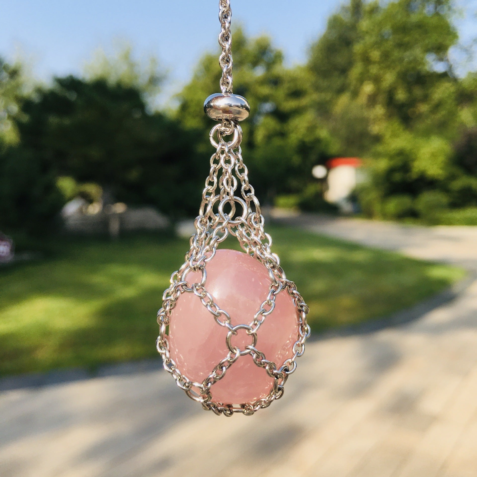 Wholesale Natural Stone Crystal O-shaped Chain Adjustable Metal Mesh Pocket Necklace ACC-NE-RongGuan007