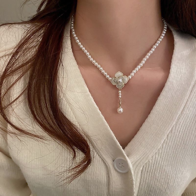 Wholesale Silver Needle Diamond Pearl Double Circle Heart Necklace  ACCVIP-NE-KJ002