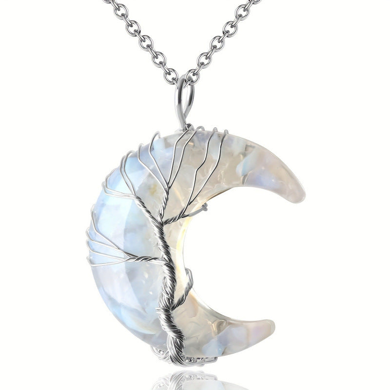 Wholesale Boutique Wire Wrapped Crescent Moon Tree Of Life Amethyst Crystal Necklace Jewelry Accessory