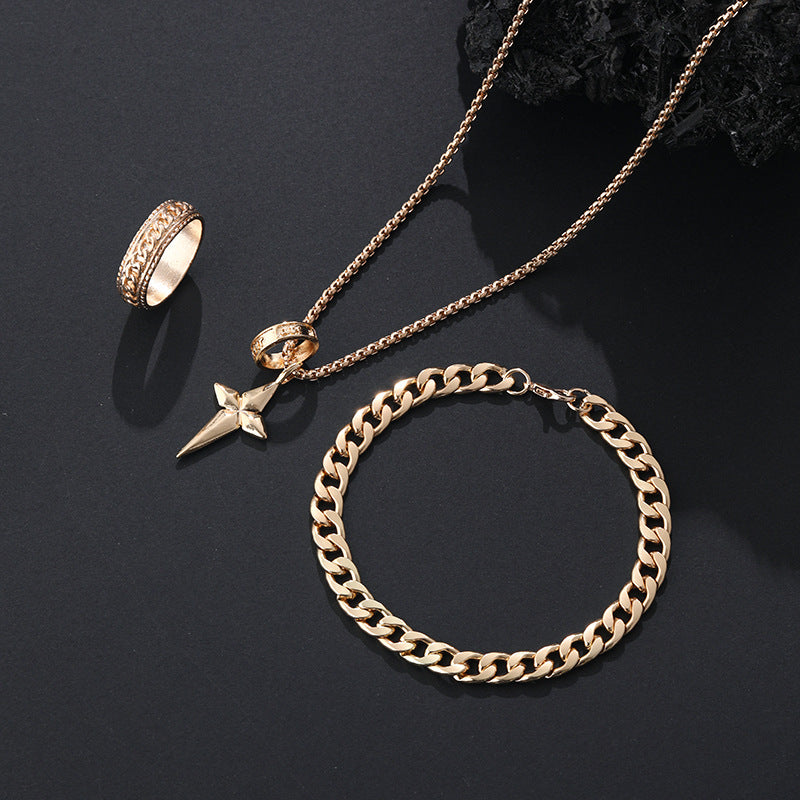 Wholesale Stylish Black Cross Crown Roman Numeral 3 Piece Jewelry Set Necklace Bracelet Ring Fashion Accessory Gift