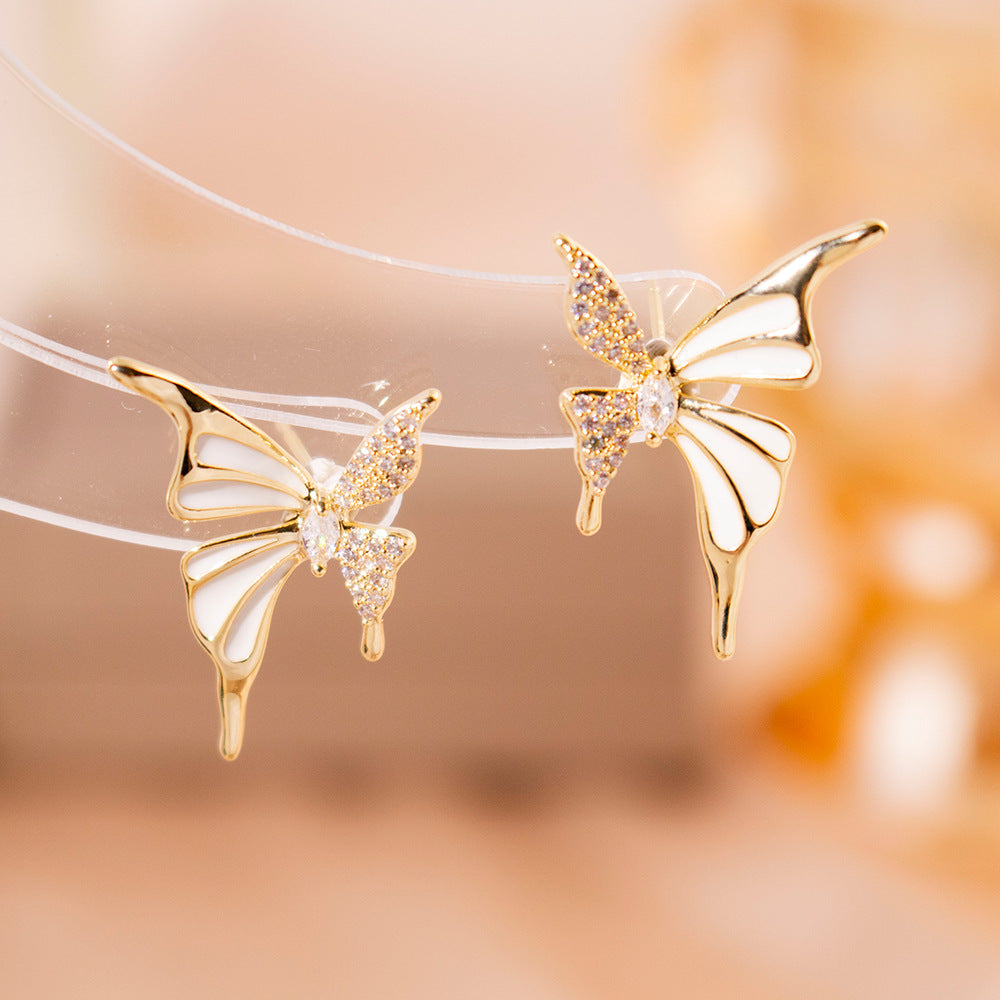 Wholesale Silver Needle High-grade Zircon Butterfly Pearl Earrings