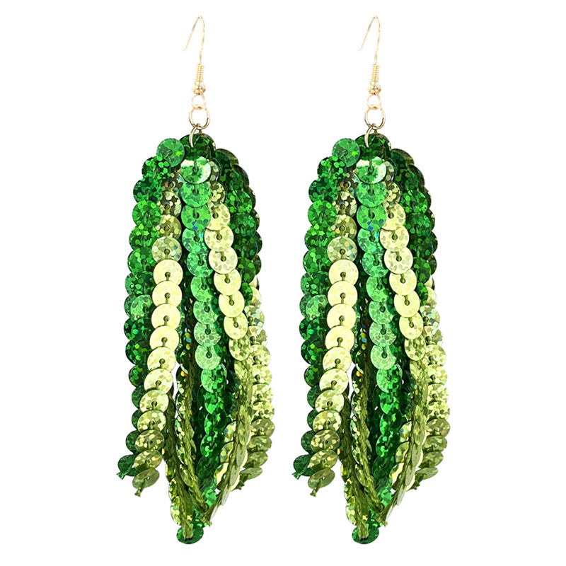 Wholesale 2 pairs/pack St. Patrick's Green Sparkling Tassel Metal Stud Earrings ACC-ES-HY225