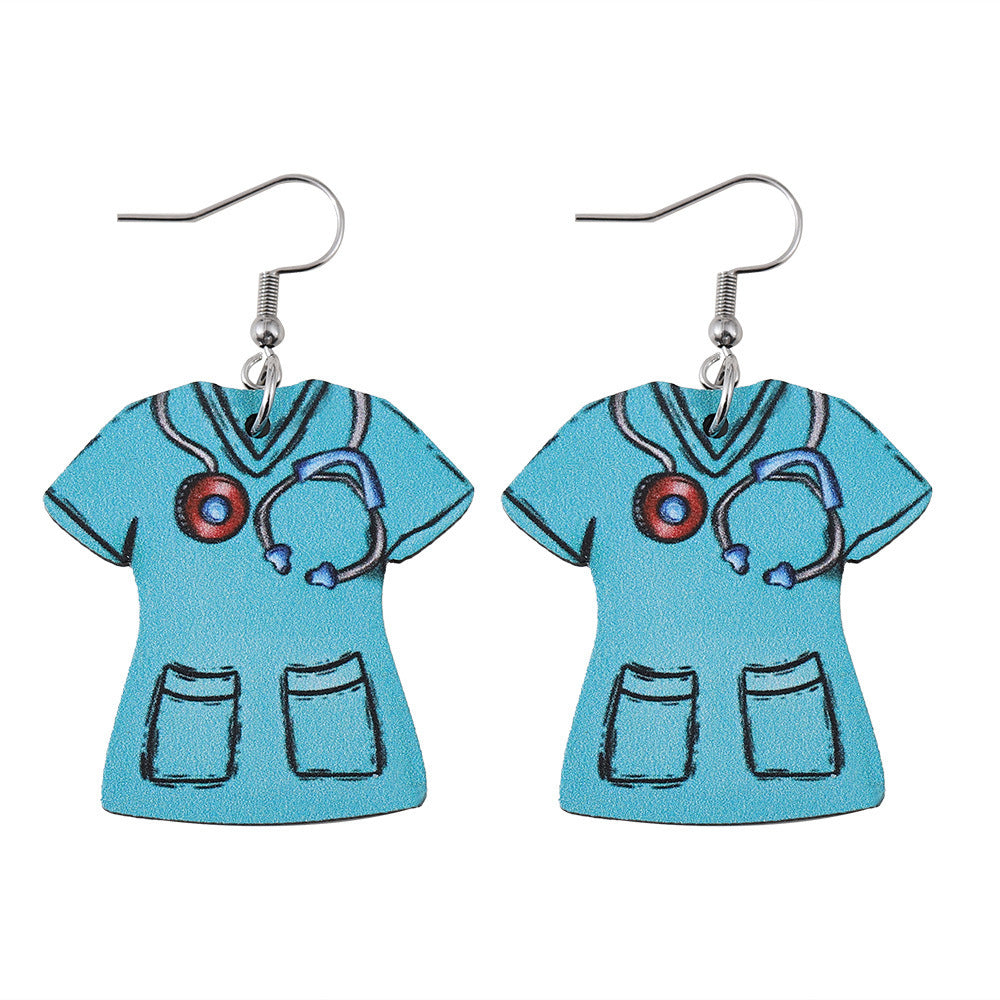 Wholesale Nurses'  Day Earrings: Double-Sided Wooden Design Featuring Nurse Uniform and Stethoscope Pendants