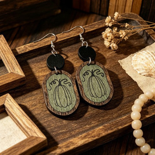 Wholesale Wooden Pumpkin Print Earrings Bohemian Retro Geometric  Jewelry Accessory For Party Gift