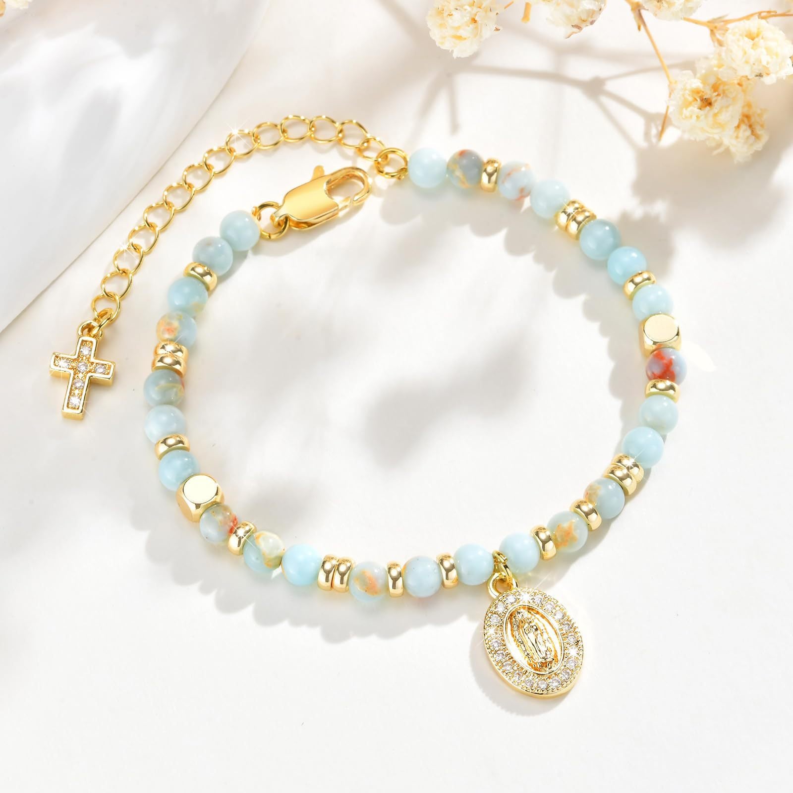 Wholesale Natural Stone Cross Virgin Mary Bracelet