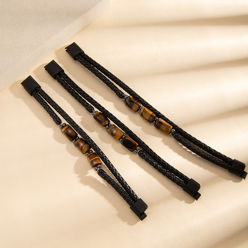Wholesale Men S Multi Layer Leather Rope Bracelet With Tiger Eye Stone Beads And Magnetic Clasp Trendy Everyday Wear