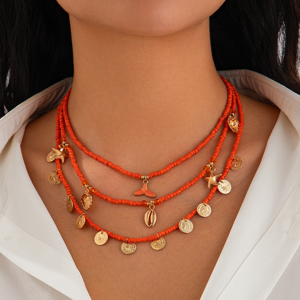 Wholesale  Sequin Shell Starfish Collarbone Necklace Colorful Beads Beaded Fishtail Necklace