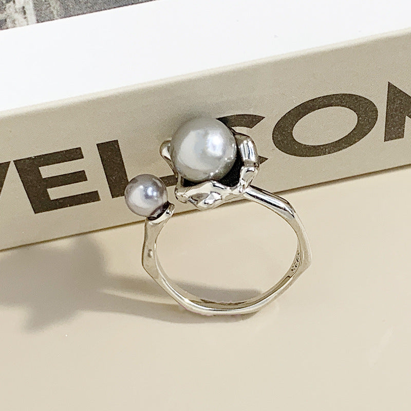 Wholesale S925 Sterling Silver Adjustable Open Ring Irregular Pearl Fashion Ring