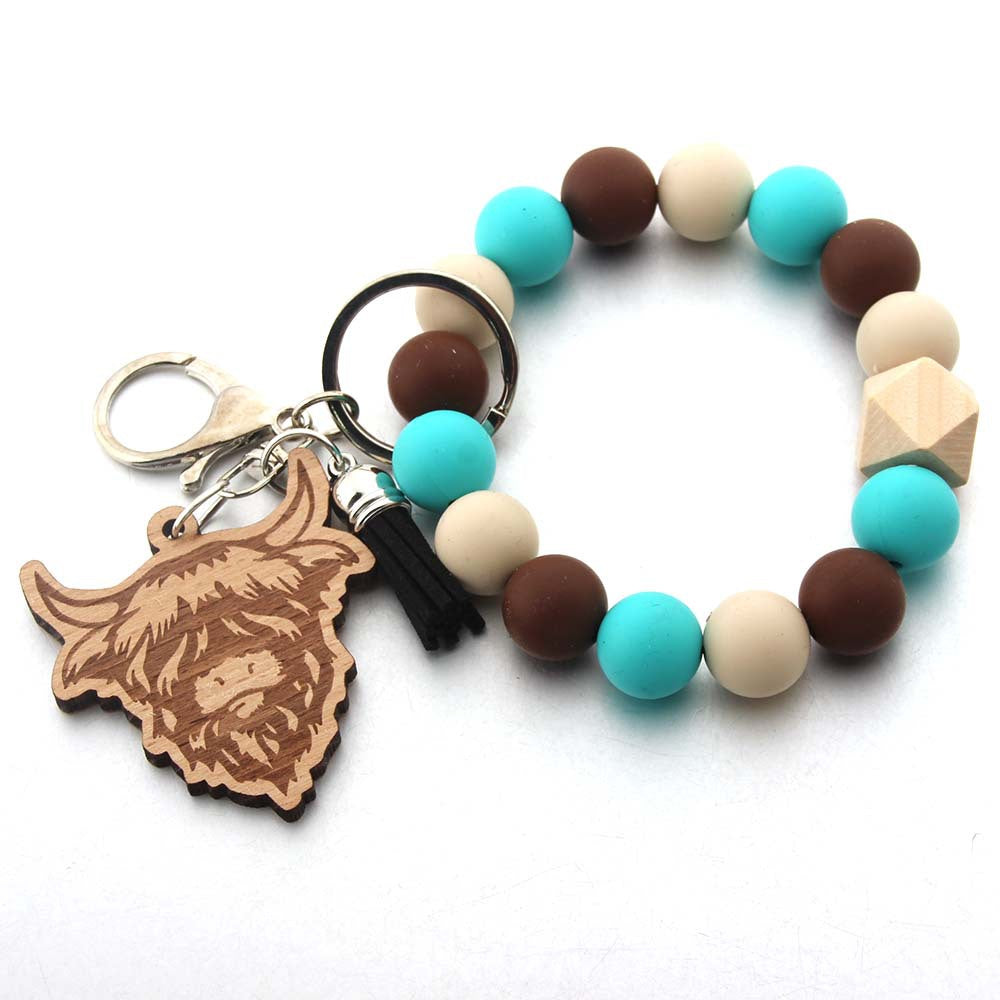 Wholesale Cartoon Western Style Bull Head Wood Chip Silicone Beaded Wristlet Keychain ACC-KC-JinAn015