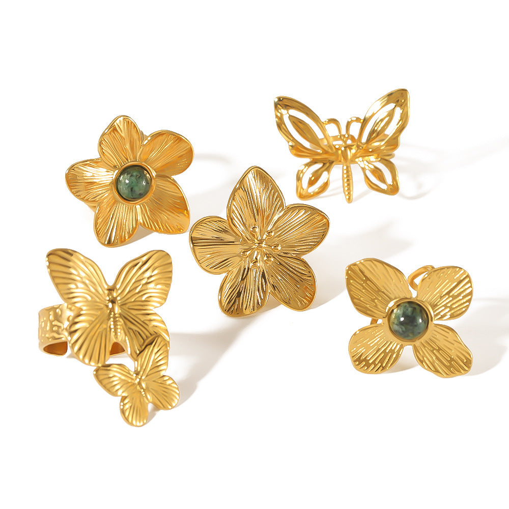 Wholesale Golden Flower Butterfly Stainless Steel 18k Gold Plated Turquoise Open Ring ACC-RS-Xiny003