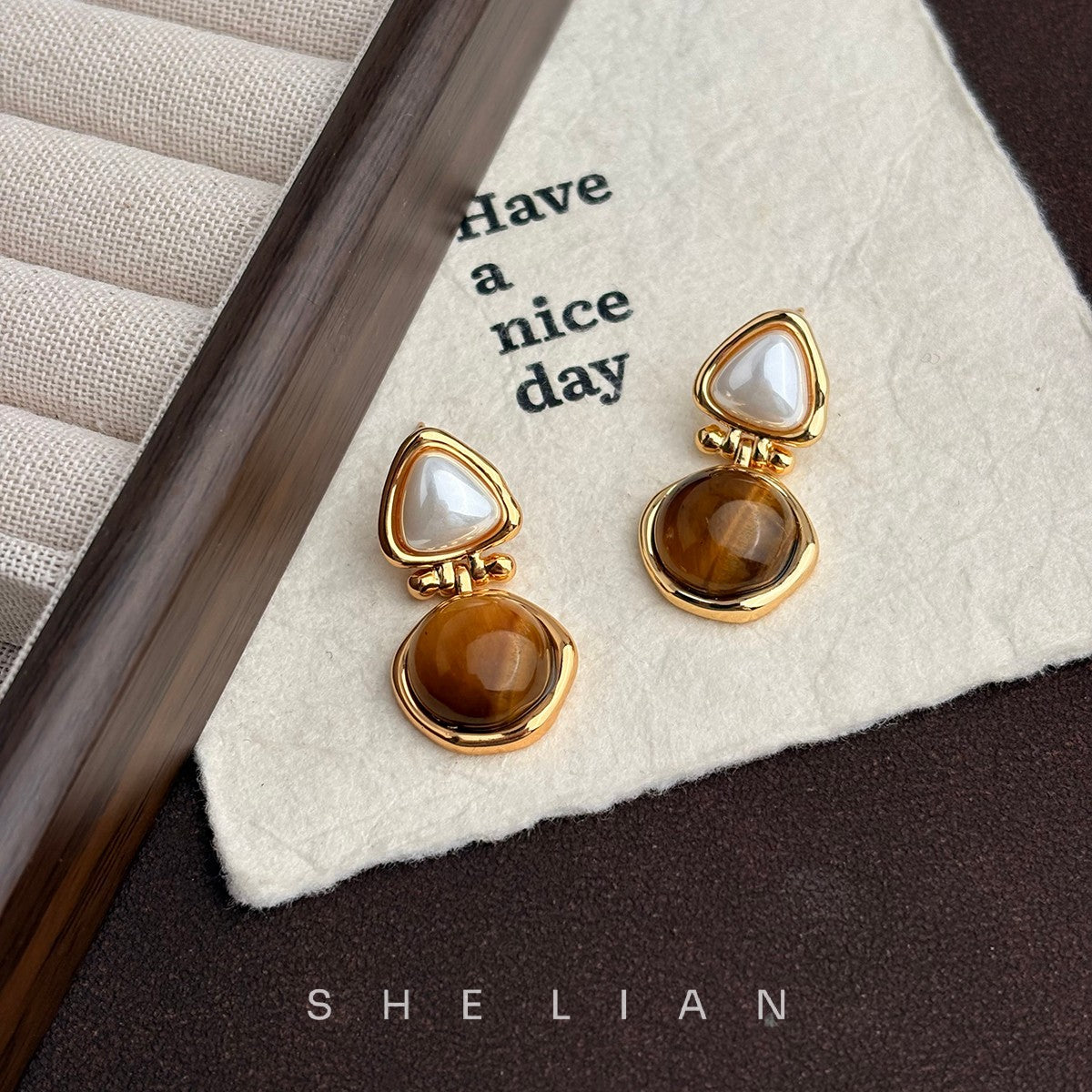 Wholesale Medieval Style Round Tiger Eye Stone Earrings Electroplated Boutique Resale