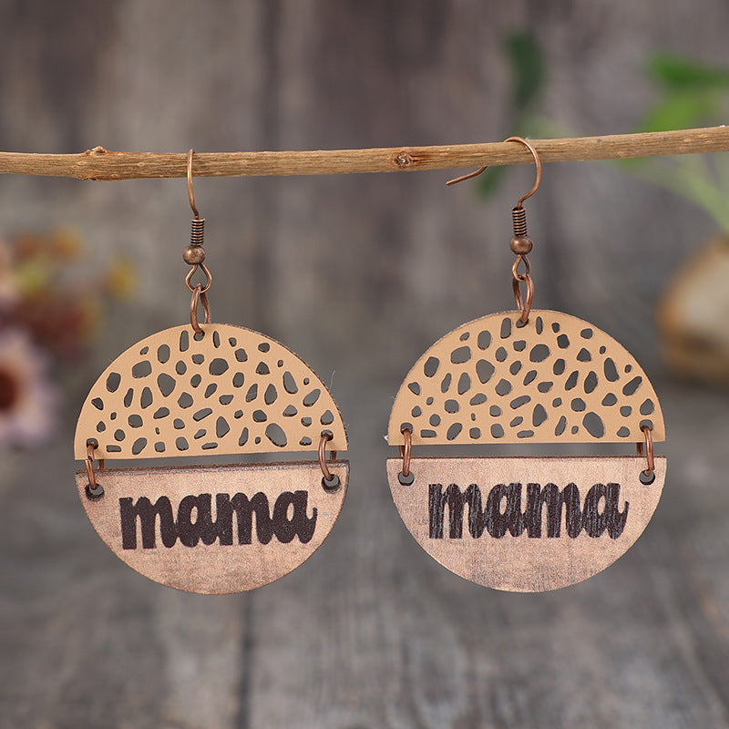 Wholesale Mother's Day retro style wood piece leather combination letter mom round earrings